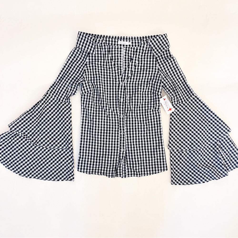 Red Dress Boutique Black & White Gingham Off The Shoulder Button Down Top